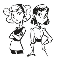 fashionable women in a 1950s-inspired black-and-white cartoon style, bold lines, confident poses, one in a skirt suit, the other in a short skirt and sweater, mid-century modern illustration style