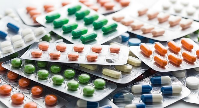 Variety of colorful pills and capsules in blister packs pharmaceutical products and medicine concepts with health care industry