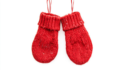 Two red knitted mittens hanging on strings against a clean white background in a festive arrangement