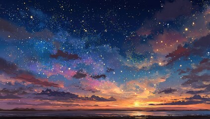 Obraz premium Starry sunset over a tranquil horizon