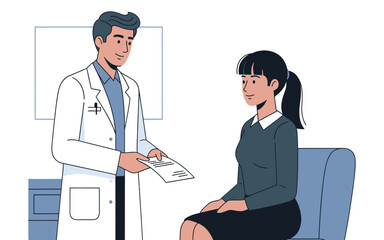 Doctor handing paperwork to patient during consultation.