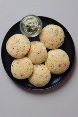Rava Idli or semolina idli, Indian Breakfast Dish made with semolina, yogurt, spices, veggies,Traditional South Indian Breakfast, healthy vegetarian meal