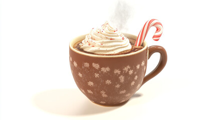 A mug of hot chocolate with whipped cream and a candy cane on a white background in a studio shot