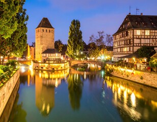 Obraz premium European canal town at night (1)