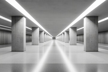 Empty shopping mall underground parking lot with concrete striped columns, showcasing the simplicity and functional design of the space, Generative AI