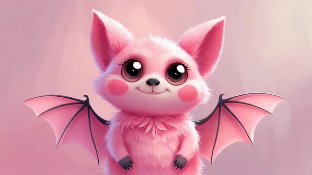 video of Adorable pink cartoon bat with large eyes and a fluffy texture against a pink background