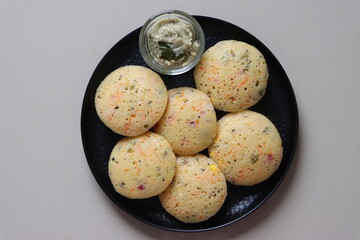 Rava Idli or semolina idli, Indian Breakfast Dish made with semolina, yogurt, spices, veggies,Traditional South Indian Breakfast, healthy vegetarian meal