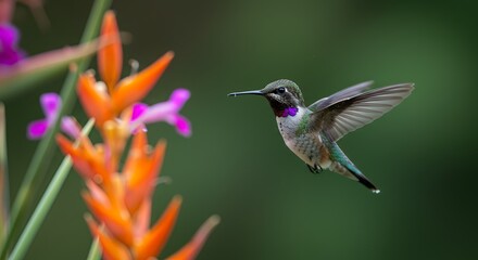 Fototapeta premium Hummingbird hovering over bright tropical flowers, macro close-up