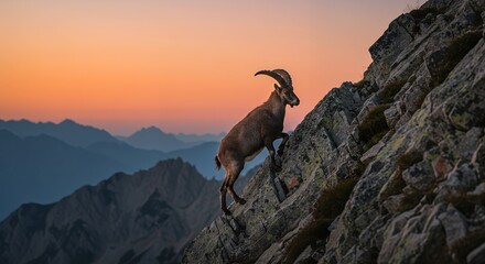 Ibex climbing steep rocky mountains at dawn