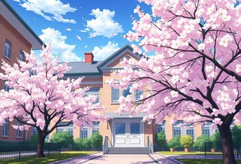 Classic anime school building exterior, cherry blossoms in bloom, pretty, colorful
