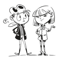 fashionable women in a 1950s-inspired black-and-white cartoon style, bold lines, confident poses, one in a skirt suit, the other in a short skirt and sweater, mid-century modern illustration style