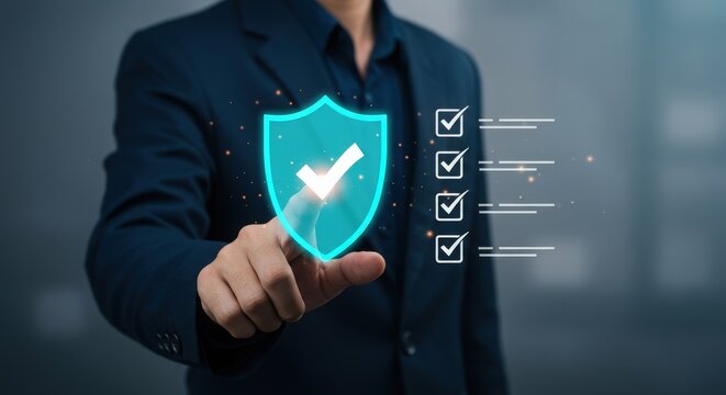 Man touches glowing shield with checkmark and checklist