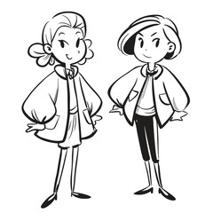 fashionable women in a 1950s-inspired black-and-white cartoon style, bold lines, confident poses, one in a skirt suit, the other in a short skirt and sweater, mid-century modern illustration style