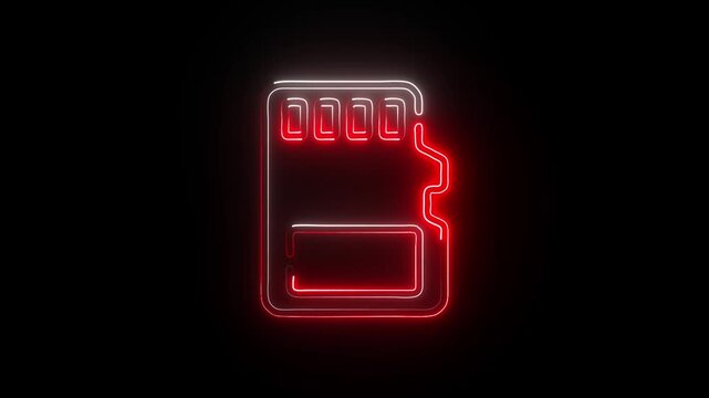 Glowing Neon SD Memory Card Icon &ndash; Futuristic Digital Storage Symbol on with black background.