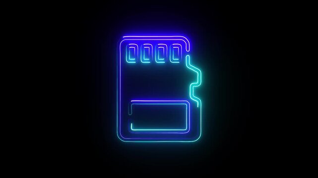 Glowing Neon SD Memory Card Icon &ndash; Futuristic Digital Storage Symbol on with black background.