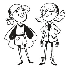 fashionable women in a 1950s-inspired black-and-white cartoon style, bold lines, confident poses, one in a skirt suit, the other in a short skirt and sweater, mid-century modern illustration style