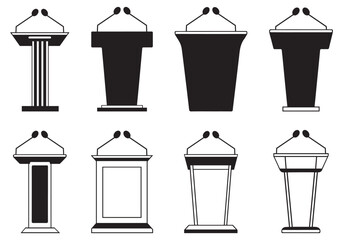 Black Silhouette Podium with Microphone Icon Set, Isolated Vector Rostrum and Tribune Illustrations on White Background