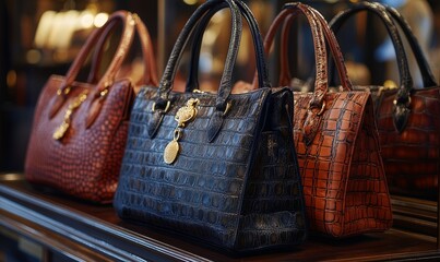 Exquisite handbags displayed in an elegant arrangement, focusing on their sophisticated designs and fine materials, Generative AI