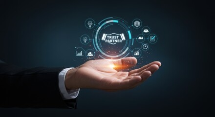 Hand holding digital security shield with network connections