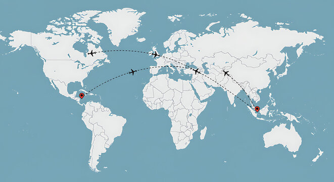 World Map with Dotted Flight Paths Converging to Pakistan