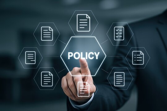 Policy Management Concept: Man Interacting with Digital Policy Interface for Compliance and Governance