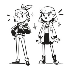 fashionable women in a 1950s-inspired black-and-white cartoon style, bold lines, confident poses, one in a skirt suit, the other in a short skirt and sweater, mid-century modern illustration style