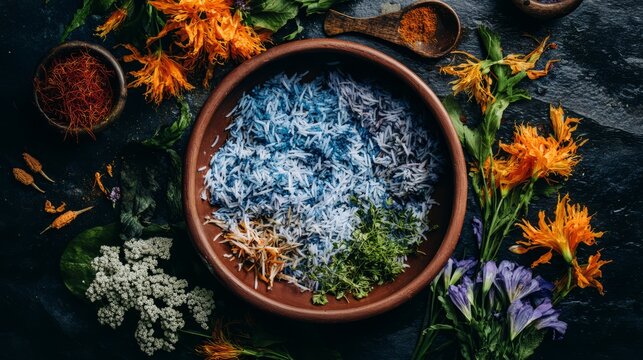 Colorful nasi kerabu in a terracotta bowl, blue rice contrasting with fresh herbs and aromatic spices.
