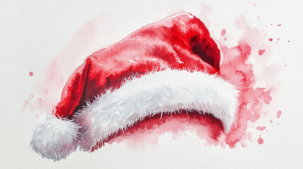 Watercolor painting of a santa hat with white fur trim on a white background with red splashes