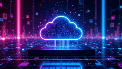 Fototapeta premium Futuristic Neon Digital Cloud Icon with Pixelated Background