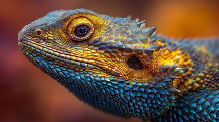 Fototapeta premium Funny Vibrant Animal Art: Close-up of a Colorful Blue and Gold Bearded Dragon Lizard