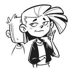 fashionable women in a 1950s-inspired black-and-white cartoon style, bold lines, confident poses, one in a skirt suit, the other in a short skirt and sweater, mid-century modern illustration style