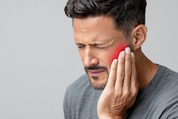 Obraz premium Close-up of man with hand on cheek, experiencing jaw pain, highlighted with red area, showing discomfort and pain.
