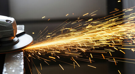 Close-up of a grinding tool in action, creating sparks in a workshop setting with blurred background