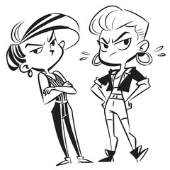 fashionable women in a 1950s-inspired black-and-white cartoon style, bold lines, confident poses, one in a skirt suit, the other in a short skirt and sweater, mid-century modern illustration style