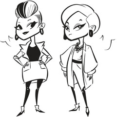 fashionable women in a 1950s-inspired black-and-white cartoon style, bold lines, confident poses, one in a skirt suit, the other in a short skirt and sweater, mid-century modern illustration style