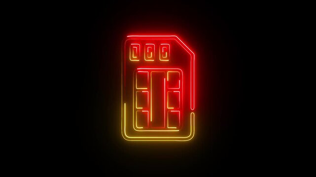 Neon SIM Card Icon  Futuristic Digital Communication Chip Design on Dark Background with Glowing Tech Style 4k video.