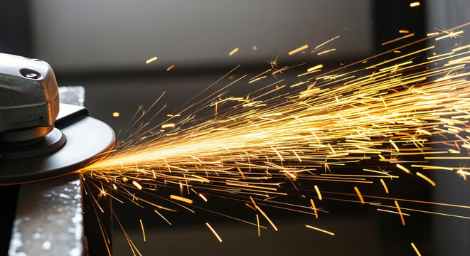 Close-up of a grinding tool in action, creating sparks in a workshop setting with blurred background