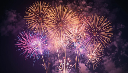 Vibrant Fireworks Display with Gold Purple and Blue Bursts