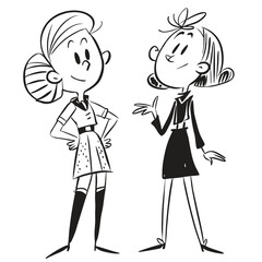 fashionable women in a 1950s-inspired black-and-white cartoon style, bold lines, confident poses, one in a skirt suit, the other in a short skirt and sweater, mid-century modern illustration style