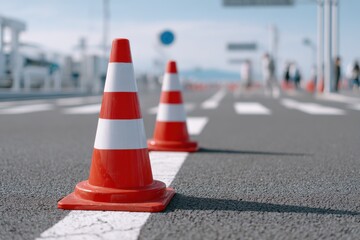 Two orange and white traffic cones on asphalt, placed along a white line, blurred background of people and buildings.
