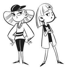 fashionable women in a 1950s-inspired black-and-white cartoon style, bold lines, confident poses, one in a skirt suit, the other in a short skirt and sweater, mid-century modern illustration style