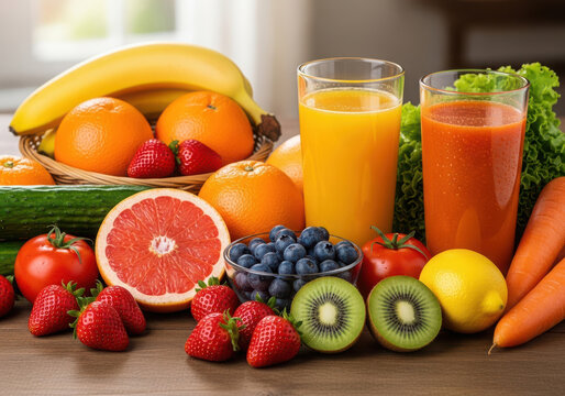 Assortment of fresh fruits and vegetables with two glasses of juice