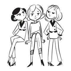 fashionable women in a 1950s-inspired black-and-white cartoon style, bold lines, confident poses, one in a skirt suit, the other in a short skirt and sweater, mid-century modern illustration style