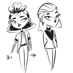 fashionable women in a 1950s-inspired black-and-white cartoon style, bold lines, confident poses, one in a skirt suit, the other in a short skirt and sweater, mid-century modern illustration style