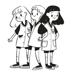 fashionable women in a 1950s-inspired black-and-white cartoon style, bold lines, confident poses, one in a skirt suit, the other in a short skirt and sweater, mid-century modern illustration style
