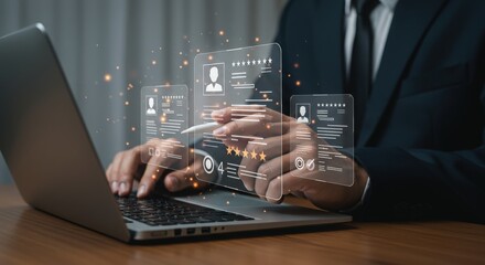 Businessman analyzing financial data on laptop with futuristic overlay