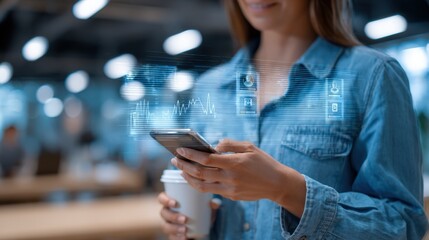 Woman Using Smartphone with Augmented Reality Interface for Data Analysis and Financial Insights