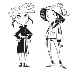 fashionable women in a 1950s-inspired black-and-white cartoon style, bold lines, confident poses, one in a skirt suit, the other in a short skirt and sweater, mid-century modern illustration style