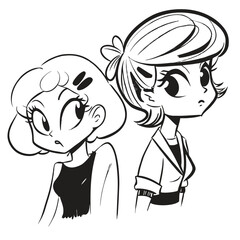 fashionable women in a 1950s-inspired black-and-white cartoon style, bold lines, confident poses, one in a skirt suit, the other in a short skirt and sweater, mid-century modern illustration style