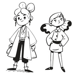 fashionable women in a 1950s-inspired black-and-white cartoon style, bold lines, confident poses, one in a skirt suit, the other in a short skirt and sweater, mid-century modern illustration style